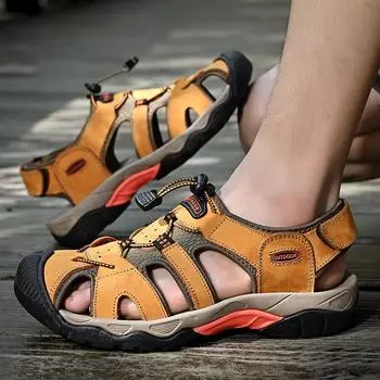 Кожаные мужские пляжные сандалии для воды, летние уличные повседневные спортивные сандалии с закрытым носком, нескользящие мягкие походные забродные кроссовки 38 чёрный