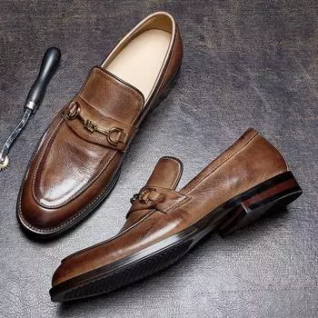 Кожаные однопедальные мокасины мужские деловые туфли высокого класса для поездок на работу британские мужские туфли первого слоя из коровьей кожи повседневные кожаные туфли 38 коричневый