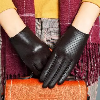 Кожаные перчатки для вождения, верховой езды, локомотива, тонкие короткие сенсорные экраны, корейская версия, простые и модные перфорированные дышащие перчатки из овчины M коричневый