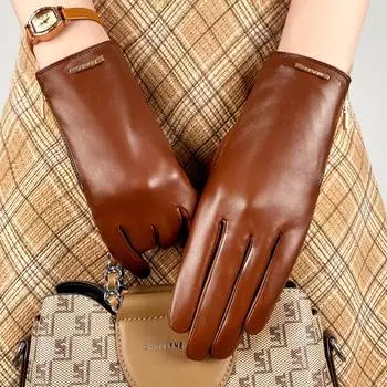 Кожаные перчатки для женщин зимой, бархатные и утолщенные, чтобы сохранять тепло, сенсорный экран для вождения и езды на велосипеде, уличный первый слой овчины, ветрозащитный M верблюд