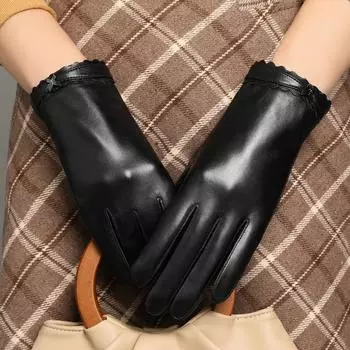Кожаные перчатки женские тонкие теплые для верховой езды с сенсорным экраном первый слой овчина мода ветер и холод M чёрный