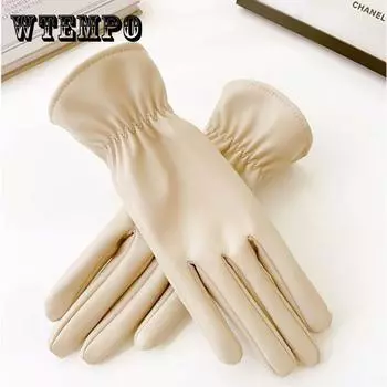 Кожаные перчатки женские зимние бежевые с имитацией овчины с узором плюс бархатные толстые теплые ветрозащитные водонепроницаемые перчатки для сенсорного экрана бежевый