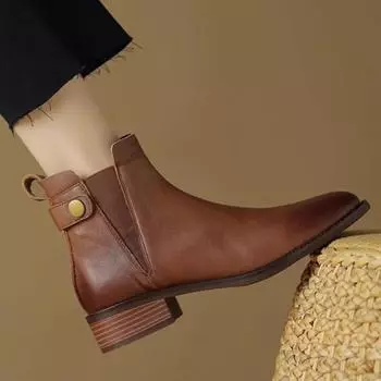 Кожаные полусапоги, женские новые зимние однотонные ботильоны в стиле ретро с круглым носком, женские ботинки «Челси», мягкие ботинки 2024 35 чёрный