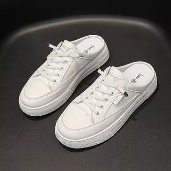 Кожаные полутапочки с сумкой на голову, женская верхняя одежда, весна и лето, новые плоские туфли с одной педалью, без каблука, маленькие белые туфли 35