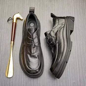 Кожаные повседневные туфли на шнуровке из кожи, мужская мода, толстая подошва в британском стиле, деловая обувь большого размера, мужская обувь с мягкой подошвой, дышащая обувь для мужчин 38 чёрный