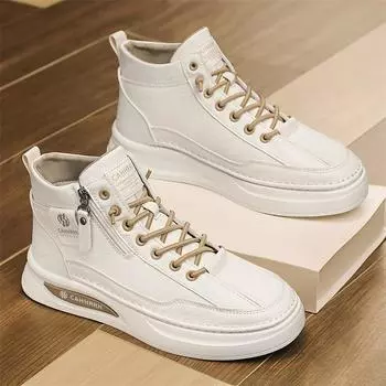 Кожаные повседневные туфли с высоким берцем, белые, осенние, мужские спортивные туфли с плоской подошвой и эластичной резинкой, мужские туфли 39