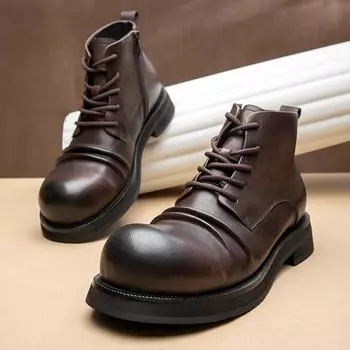 Кожаные рыцарские сапоги Нескользящие высокие кожаные туфли Ботинки Martin ручной работы Мужские кожаные ботинки с большой головой Британские модные высокие ботинки 38 чёрный