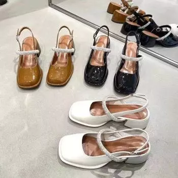 Кожаные сандалии для женщин, летние модные новые стильные французские сандалии Мэри Джейн, обувь Феи на блочном каблуке с квадратным носком и стразами 35 чёрный