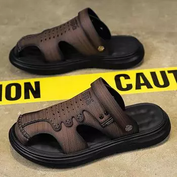 Кожаные сандалии мужская летняя одежда мужская сумка тапочки для вождения двойного назначения пляжные спортивные сандалии с мягкой подошвой 38 чёрный