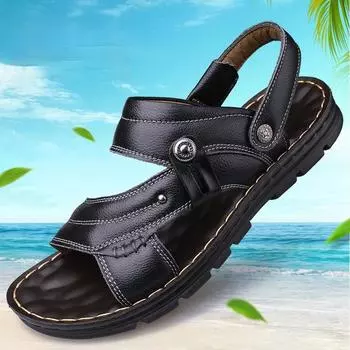 Кожаные сандалии Мужская мода Повседневная кожаная пляжная обувь Тапочки 38 чёрный