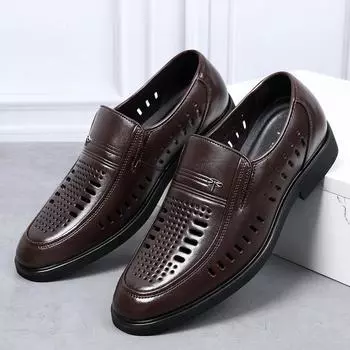 Кожаные сандалии мужские из натуральной кожи мужские деловые деловые туфли полые коричневые дезодорирующие коровья кожа дырявые туфли для отцов среднего и пожилого возраста 38