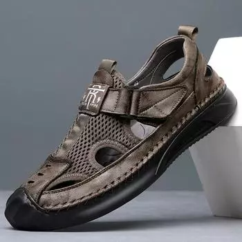 Кожаные сандалии Мужские кожаные туфли с отверстием для головы, нескользящие и дышащие, с одной педалью, для заброда 38 серый