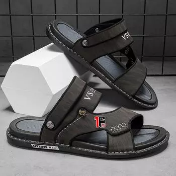 Кожаные сандалии, мужские модели, летние уличные нескользящие сандалии для вождения, повседневные тапочки двойного назначения, мужские пляжные непромокаемые тапочки 44 чёрный