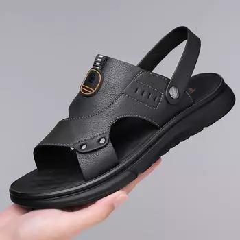 Кожаные сандалии мужские новые летние 2025 года для вождения повседневные мягкие нескользящие пляжные туфли мужские классные тапочки 38 чёрный