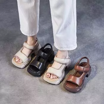 Кожаные сандалии Винтажные толстые женские туфли Сандалии Мюли 35 бежевый