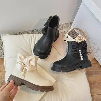 Кожаные сапоги для девочек 2024: Стильные и универсальные ботинки на молнии для весны и осени, идеально подходят для школьников. Size 26 - Inner Length 16.3CM чёрный