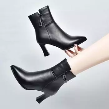 Кожаные сапоги Модные сапоги на высоком каблуке Женские сапоги 34 чёрный