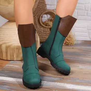 Кожаные сапоги на широкую ногу для женщин, модные ретро-сапоги с цветными блоками, кожаные сапоги средней длины с молнией по бокам и толстым каблуком 36