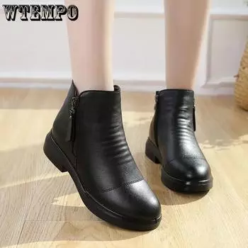 Кожаные сапоги. Женские осенние и зимние короткие сапоги на плоской подошве. Теплые плюшевые противоскользящие женские сапоги. 41 чёрный