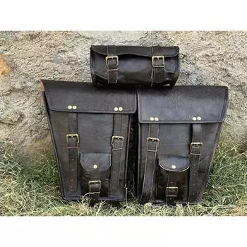 Кожаные седельные сумки Мотоциклетная сумка Черные три сумки Корзины Седельные сумки для спортивных комментаторов Набор из трех сумок чёрный