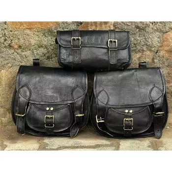 Кожаные седельные сумки, сумка для мотоцикла, черный комплект, три сумки, кофры, седельные сумки для спортивных комментаторов, набор из трех сумок чёрный