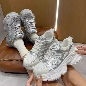 Кожаные серебристые туфли для папы, детская весенне-летняя новая сетчатая дышащая толстая подошва, увеличивающая рост, повседневная спортивная обувь 35