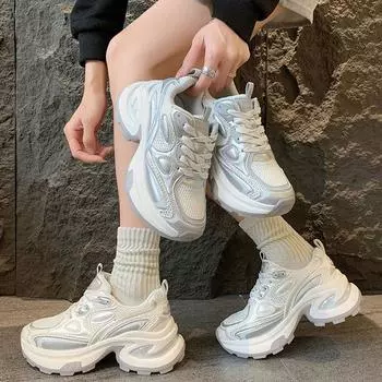 Кожаные серебристые туфли для папы, детские летние новые сетчатые дышащие толстые подошвы, увеличивающие рост, легкие повседневные спортивные туфли 35