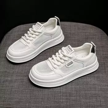 Кожаные сетчатые белые туфли женские туфли весна-лето 2025 новые дышащие универсальные тонкие повседневные спортивные кроссовки на толстой подошве 35