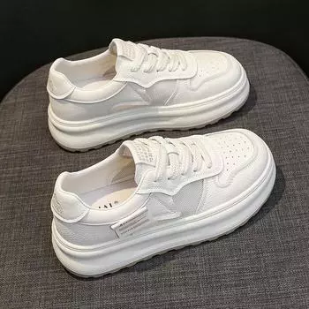 Кожаные сетчатые дышащие белые туфли, детские летние новые туфли на толстой подошве для увеличения роста, универсальная повседневная спортивная обувь 35