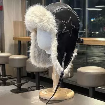 Кожаные шапки, мужские и женские зимние бархатные утолщенные водонепроницаемые теплые шапки для защиты ушей, северо-восточные уличные велошляпы Lei Feng, защищающие от холода M (56-58cm) side pentagram чёрный