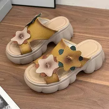 Кожаные шлепанцы на толстой подошве с полым цветком, крутые, женские, ручной работы, ретро, на толстом каблуке, сандалии с открытым носком, повседневные, шлепанцы на одной перемычке 35 жёлтый