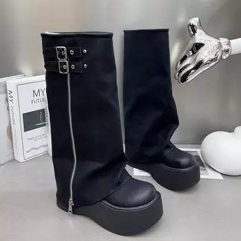 Кожаные штаны, сапоги, милые, крутые, горячие, девчачьи, ворсовые сапоги, ковбойские сапоги на толстой подошве, но сапоги выше колена, высокие рыцарские сапоги 35 коричневый