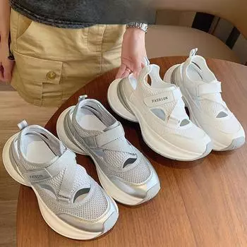 Кожаные спортивные сандалии, женская летняя верхняя одежда, новая полая сетчатая дышащая толстая подошва, увеличивающая рост, повседневная обувь для папы 35