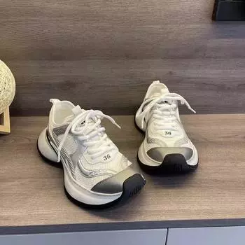 Кожаные спортивные туфли для папы, женские, весна 2024, новые сетчатые дышащие кроссовки с толстой подошвой для бега 35 белый