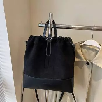 Кожаные сумки-ведра через плечо на шнурке, сумка-кроссбоди для женщин, рюкзак большой вместимости, дорожные сумки 31x10x31cm чёрный