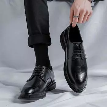 Кожаные свадебные кожаные туфли мужские весенние молодежные трендовые британские деловые повседневные туфли 19931-R 38 чёрный