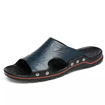 Кожаные тапочки мужские большого размера 48, повседневная обувь без застежек, летние дышащие мужские тапочки для отдыха на открытом воздухе, удобные пляжные сандалии 38 чёрный