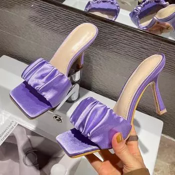 Кожаные тапочки с квадратным носком, плиссированные конфеты цвета, модный дизайн, женские летние сандалии 35 фиолетовый