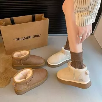 Кожаные теплые зимние ботинки Huhu на толстой подошве 2024 года, новые зимние теплые флисовые уплотненные меховые зимние ботинки 35