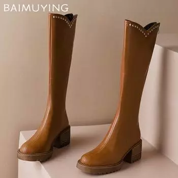 Кожаные толстые женские высокие сапоги, модные высокие каблуки, новый бренд, зимняя обувь 2025 года, трендовые высокие гладиаторские мотоциклетные ботинки до колена, женские 35 чёрный