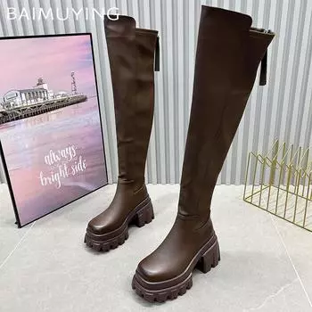 Кожаные толстые женские высокие сапоги на платформе, модные сапоги на высоком каблуке 2025 года, трендовые зимние готические туфли-гладиаторы, туфли-лодочки для мотоциклистов, женские сапоги 35 коричневый