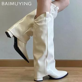 Кожаные толстые женские высокие сапоги с острым носком, модные туфли на высоком каблуке, трендовые зимние туфли до колена, мотоциклетные туфли-лодочки женские 35
