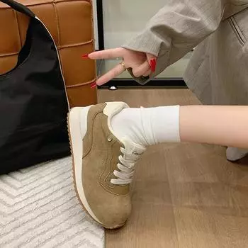 Кожаные тонкие бархатные спортивные туфли женские 2024 зимние новые бархатные два хлопковые туфли для бега, спорта и отдыха интернет знаменитости женская обувь 35 хаки