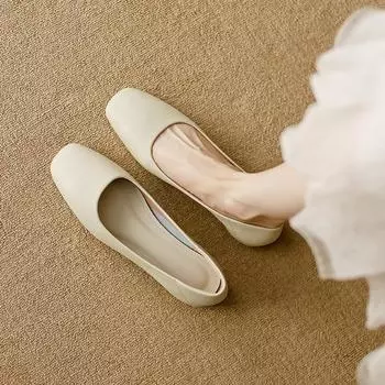 Кожаные туфли бабушки женские плоские 2025 новые французский вечерний ветер мелкий вырез квадратный носок одинарные туфли мягкая кожа мягкая подошва туфли Doudou 34