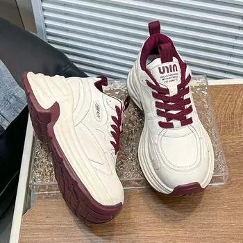 Кожаные туфли Daddy, новинка зимы 2024 года, на толстой подошве, в стиле ретро, универсальные, увеличивающие рост, со шнуровкой, кожаные повседневные туфли. 35 красный