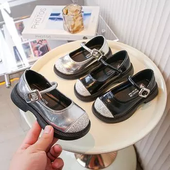 Кожаные туфли для девочек, балетки для маленьких девочек, осенние новые детские туфли принцессы, детские туфли средней высоты, туфли Мэри Джейн для маленьких девочек 23 серебряный
