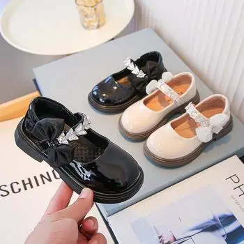 Кожаные туфли для девочек, детская обувь, новые туфли принцессы со стразами и бантом, повседневная обувь для детей среднего и старшего возраста 26