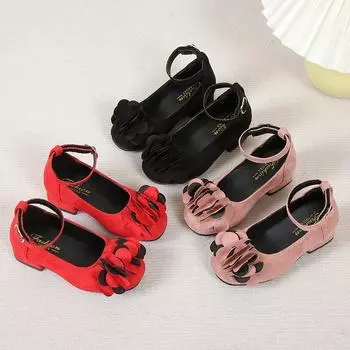 Кожаные туфли для девочек на свадьбу, детские туфли на высоком каблуке, детская обувь для принцессы с цветочным принтом, весна-осень 2024 года, абсолютно новые 27 чёрный