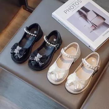 Кожаные туфли для девочек на вечеринку, свадьбу, детские туфли принцессы Мэри Джейн с хрустальным медведем, модная детская обувь для выступлений 2024 26 бежевый