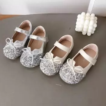 Кожаные туфли для девочек-одноклассниц с блестками и бантом Детские туфли для принцессы Детские туфли с кристаллами 21 серебряный